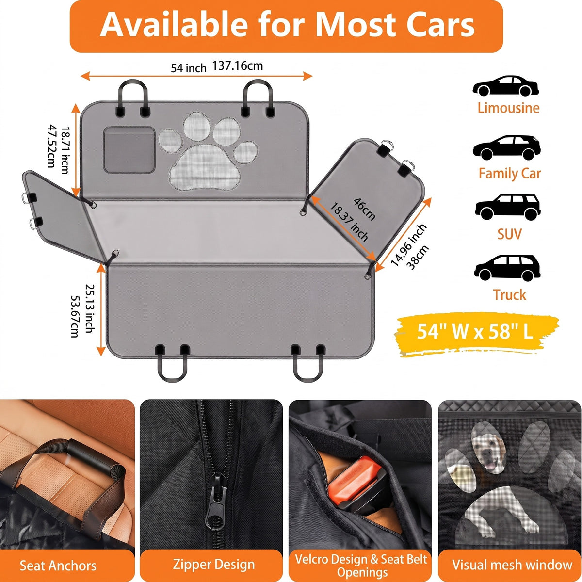 Universal Dog Car Seat Cover, Waterproof Pet Car Hammock for Back Seat, Breathable Polyester Dog Seat Protector with Mesh Window
