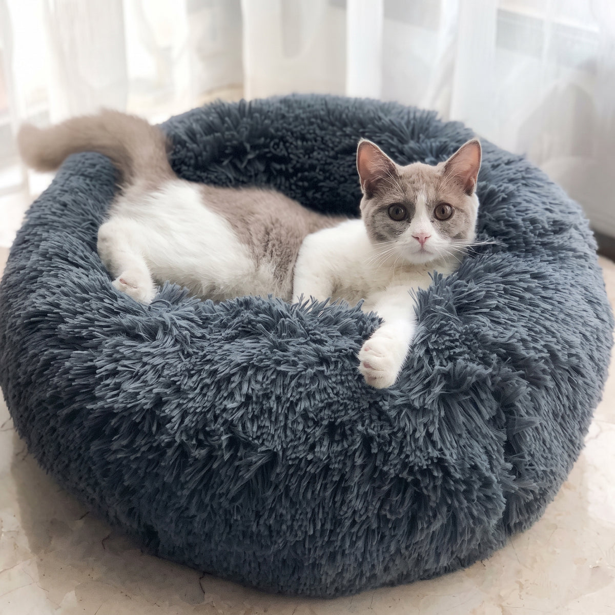 Calming Donut Dog Bed & Cat Bed, Round Plush Pet Bed with Raised Rim, Soft Cozy Sleeping Mat