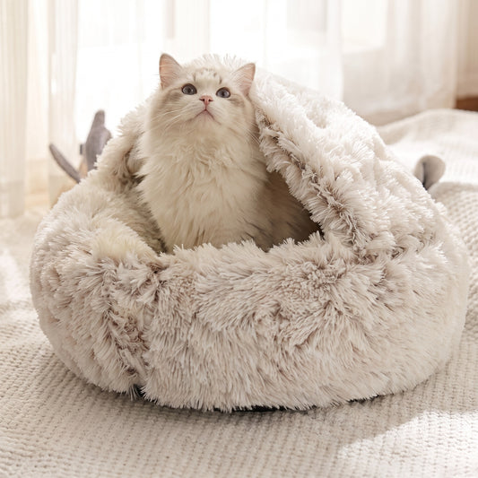 2-in-1 Plush Dog & Cat Bed, Warm Round Winter Pet Bed House, Soft Cozy Pet Bed