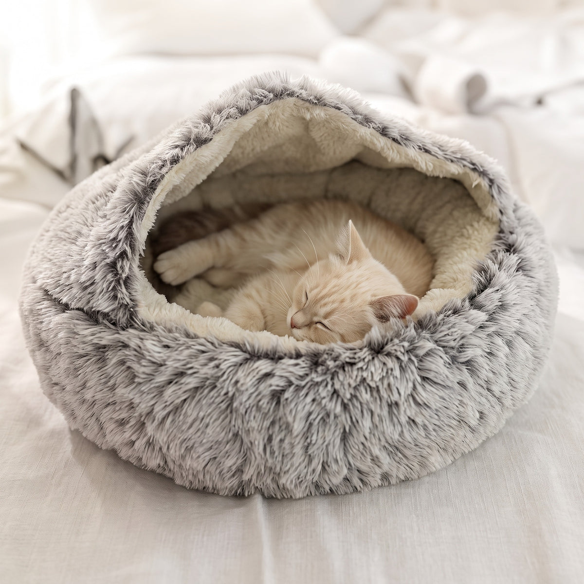 2-in-1 Plush Dog & Cat Bed, Warm Round Winter Pet Bed House, Soft Cozy Pet Bed